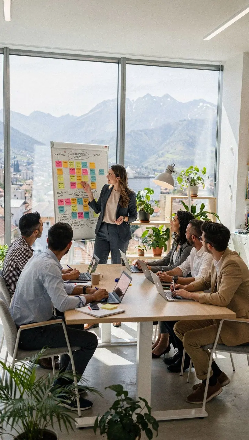 Ilustrație cu un plan detaliat pe o tablă, evidențiind pași concreți pentru soluționarea unei situații urbane.